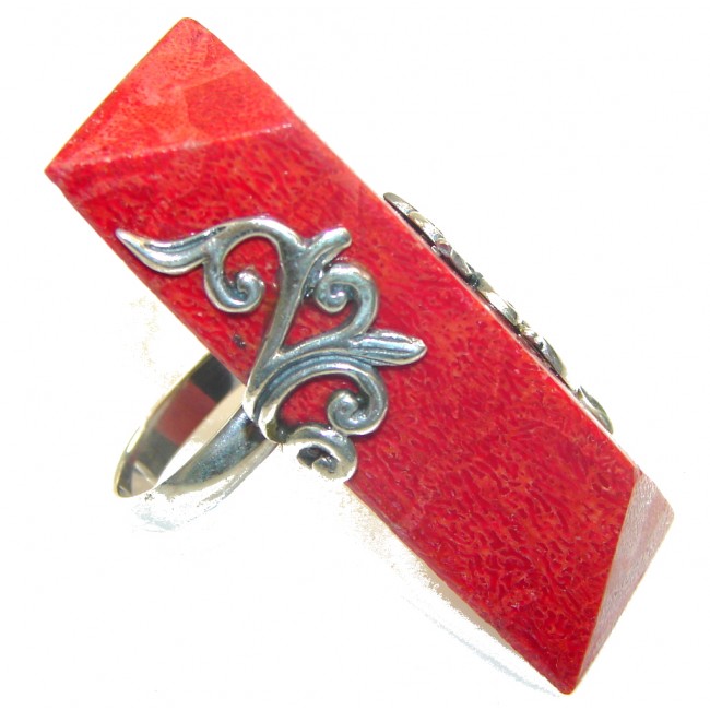 Big! Love Power! Red Fossilized Coral Sterling Silver ring s. 7 - Adjustable