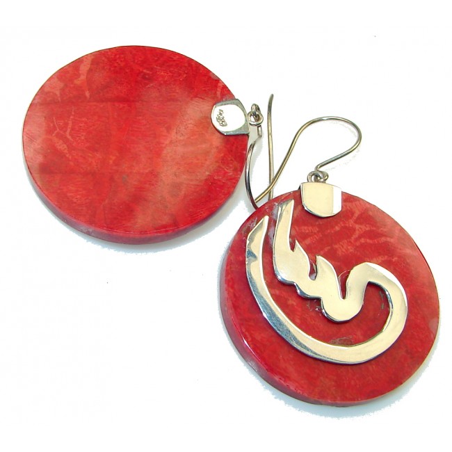 Big!! Stylish Red Fossilized Coral Sterling Silver earrings