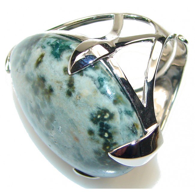 Huge! Amazing Green Ocean Jasper Sterling Silver Ring s. 8- Adjustable