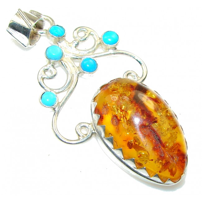 Natural!! Polish Amber , Turquoise Sterling Silver Pendant