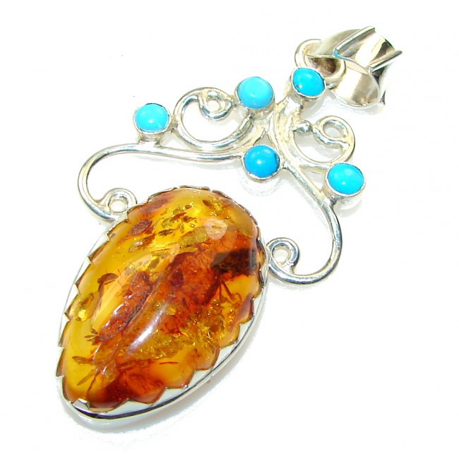 Natural!! Polish Amber , Turquoise Sterling Silver Pendant