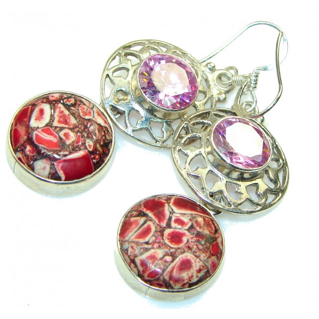 Excellent! Red Crinoid Fossil Sterling Silver earrings
