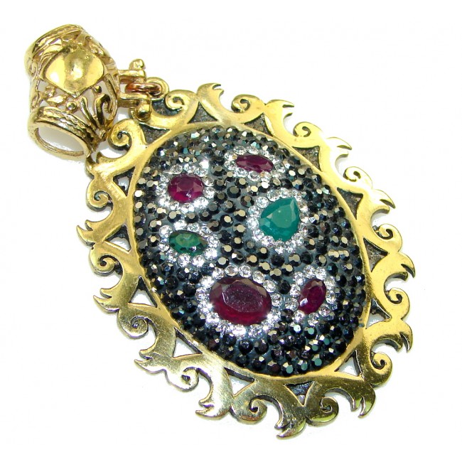 New Design! Red Ruby, Green Emerald Sterling Silver Pendant