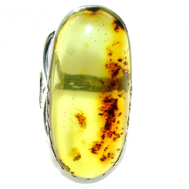 Large!! Green Polish Amber Sterling Silver Ring s. 12