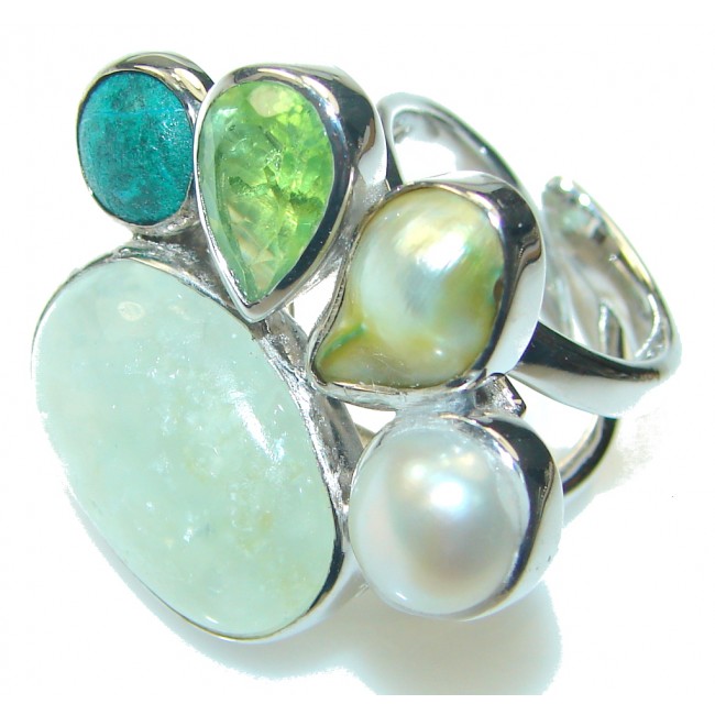 Amazing Green Moss Prehnite Sterling Silver ring; s. 7 - Adjustable