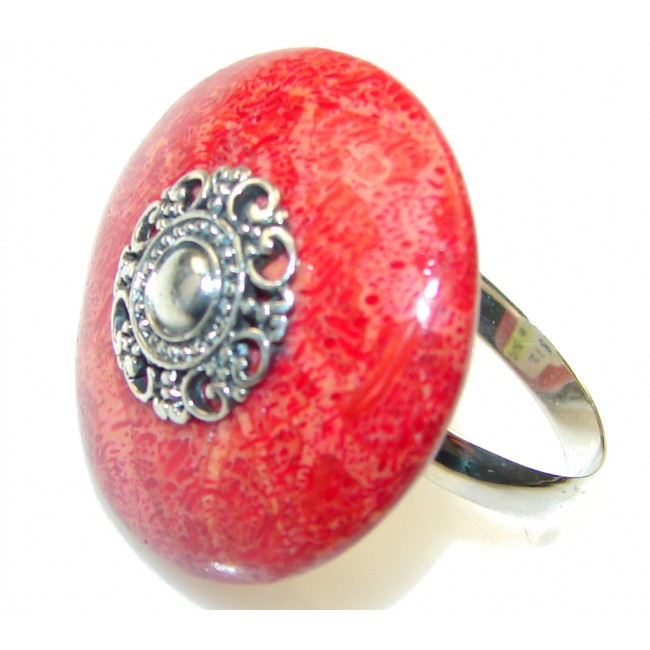 Love Power! Red Fossilized Coral Sterling Silver Ring s. 9 - Adjustable