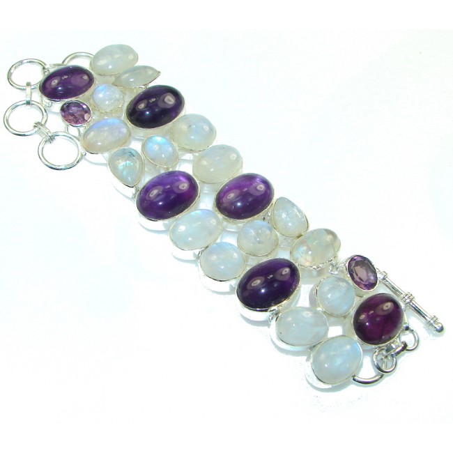 Stunning!! White Moonstone & Purple Amethyst Sterling Silver Bracelet