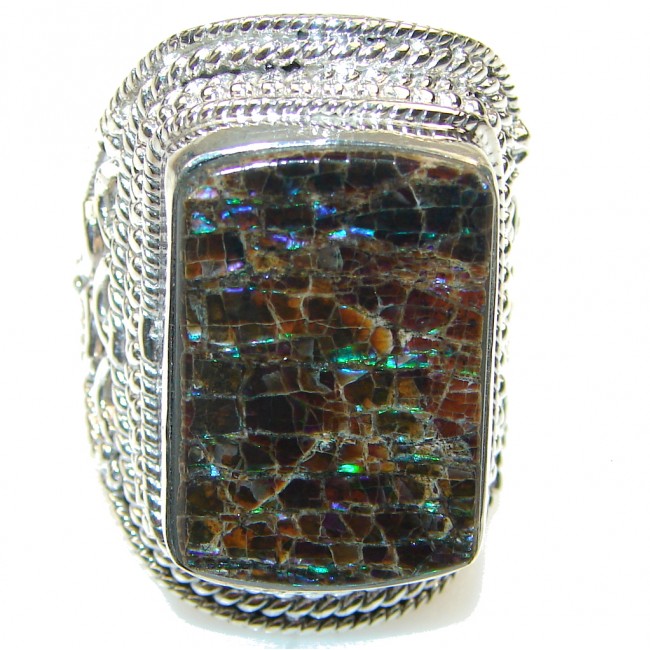 Large! Natural Multicolor Ammolite Sterling Silver ring s. 12