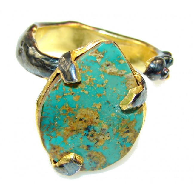 Italy Made Green Copper Turquoise, Rhodium Plated, Gold Plated Sterling Silver Ring s. 6