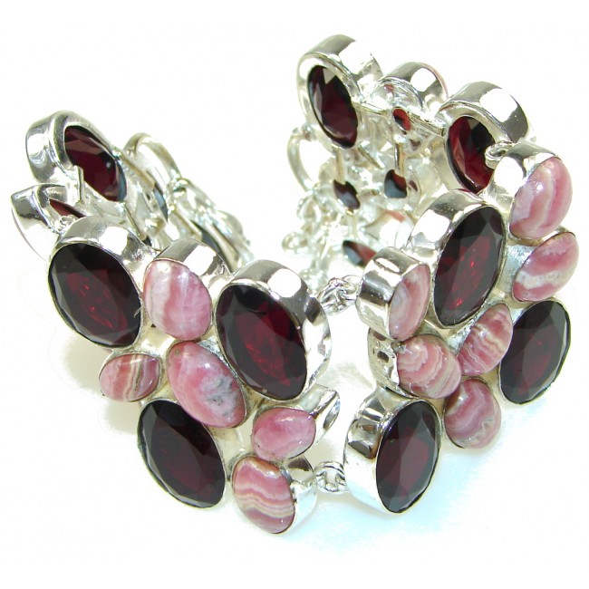 Amazing Design! Pink Rhodochrosite, Red Garnet Sterling Silver Bracelet