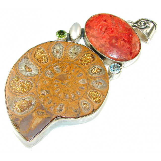 Large! Fashion Brown Ammonite Fossil Sterling Silver Pendant