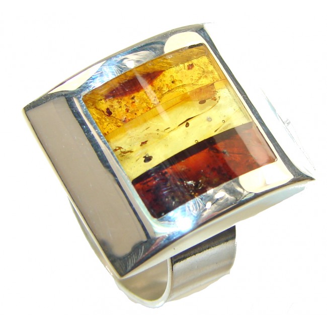Mosaic Brown Polish Amber Sterling Silver Ring s. 8 - Adjstable