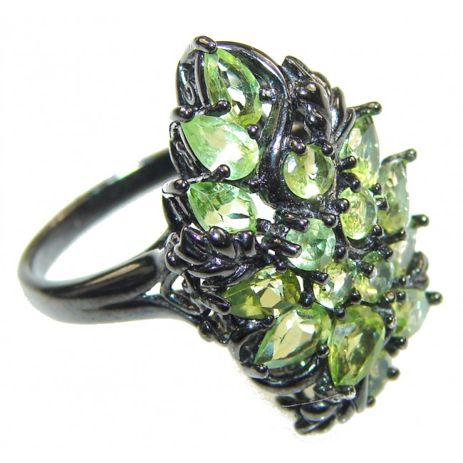New Design! Green Peridot, Black Rhodium Plated Sterling Silver Ring s. 7 1/2