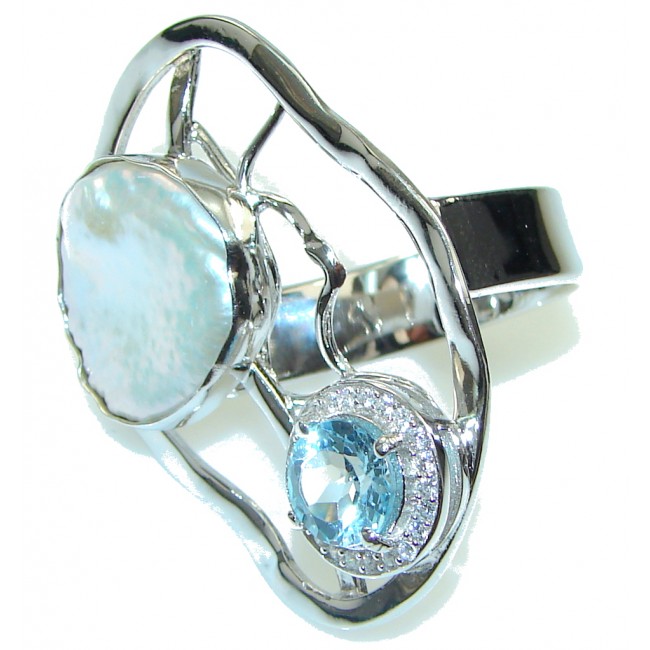 Genuine Blue Topaz, White Topaz Sterling Silver Ring s. 7 - Adjustable