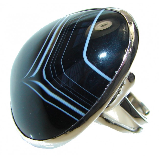 Excellent Black Botswana Agate Sterling Silver Ring s. 8 adjustable
