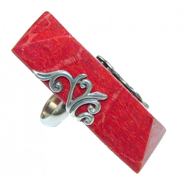 Big! Lovely Red Fossilized Coral Sterling Silver ring s. 7 - Adjustable