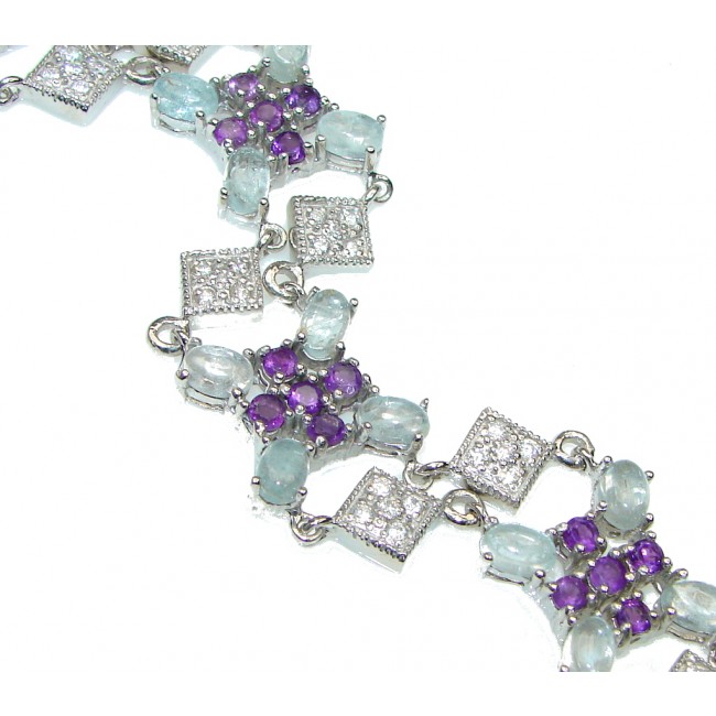 Protection For Them On Water! Natural Blue Aquamarine & Amethyst Sterling Silver Bracelet