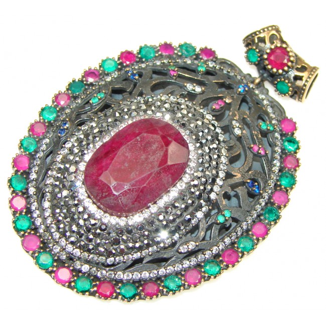 Big! Victorian Style! Green Emerald, Ruby, White Topaz Sterling Silver Pendant