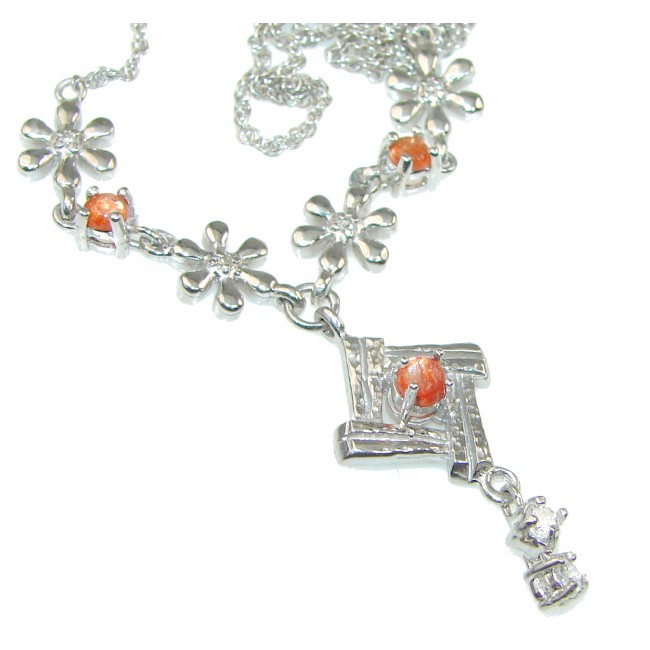 Delicate Orange Sun Stone, White Topaz Sterling Silver Necklace