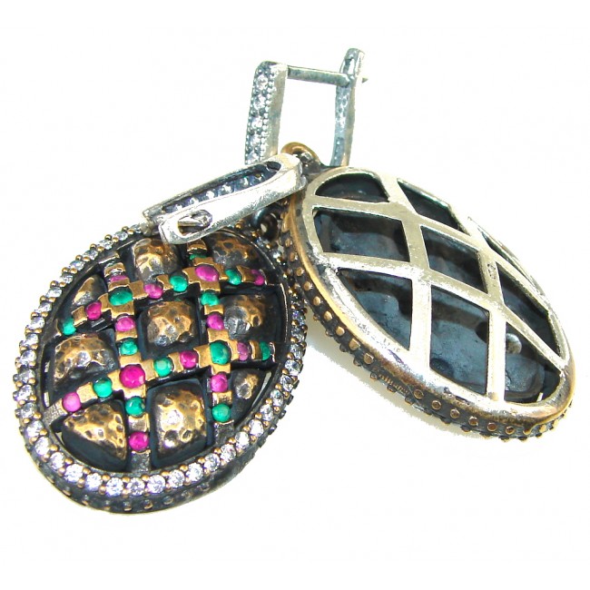Victorian Style! Pink Ruby, Emerald Sterling Silver earrings