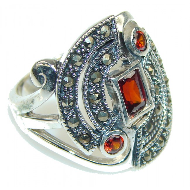 Lovely Style! Red Garnet, Marcasite Sterling Silver ring s. 7