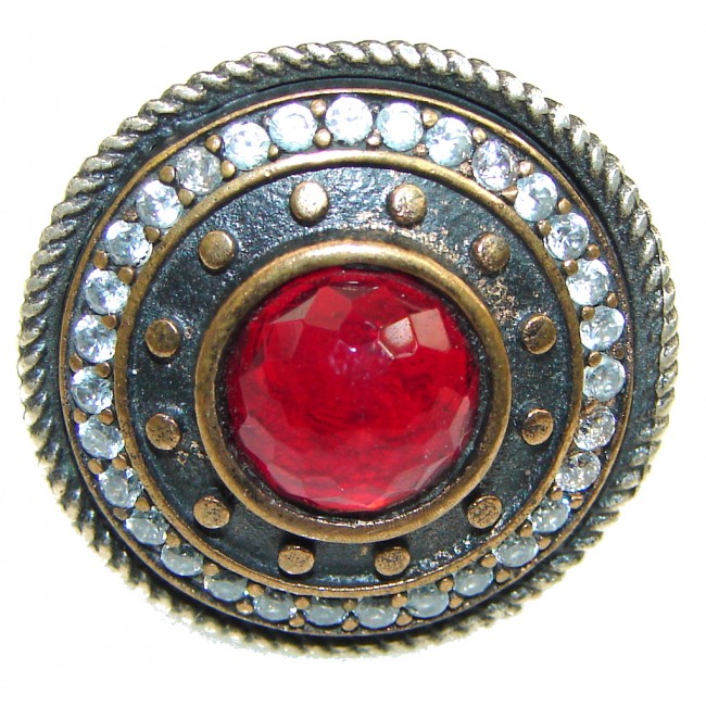 Victorian Style! Red Garnet Quartz , White Topaz Sterling Silver ring s. 9