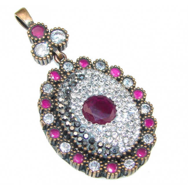 Victorian Style! Pink Ruby, White Topaz Sterling Silver Pendant