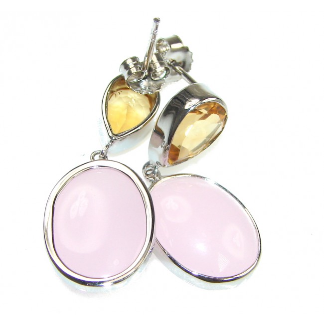 Delicate! Pink Rose Quartz, Yellow Citrine Sterling Silver earrings
