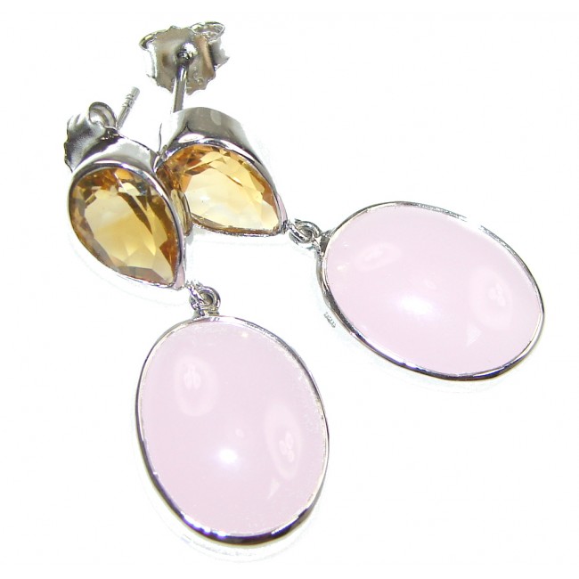 Delicate! Pink Rose Quartz, Yellow Citrine Sterling Silver earrings