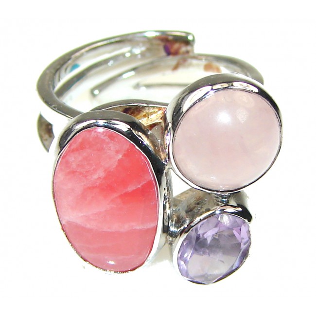 Precious! Pink Rhodochrosite Sterling Silver ring s. 8 - Adjustable