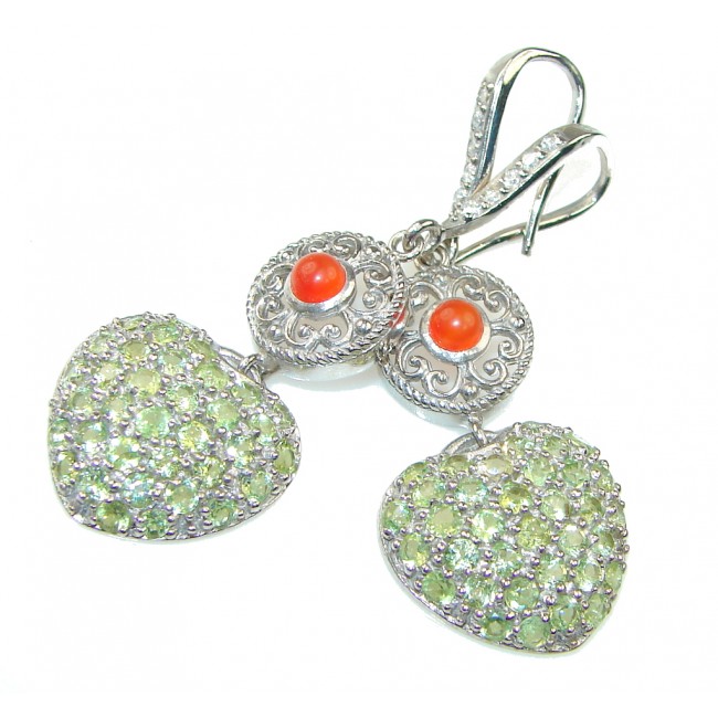 Bali Style! Green Peridot, Orange Carnelian Sterling Silver earrings