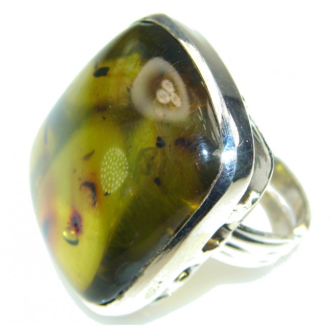 Exclusive! Green Polish Amber Sterling Silver Ring s. 6- Adjustable
