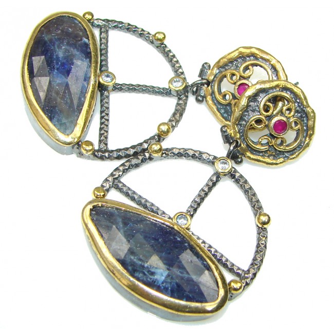 Large! Italy Made Blue Sapphire, White Topaz, Ruby, Rhodium Platedf, Gold Plated Sterling Silver earrings