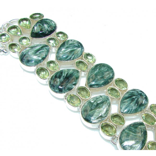 Queen Of Nature! Green Seraphinite, Peridot Sterling Silver Bracelet