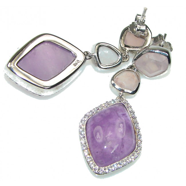 Luxury! Purple Amethyst & White Topaz & Rose Quartz Sterling Silver earrings