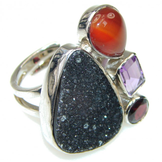 Pale Beauty! Black Druzy Sterling Silver Ring s. 8- adjustable