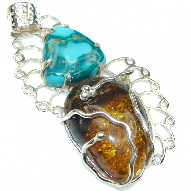 Natural Beauty! Baltic Polish Amber & Turquoise Sterling Silver Pendant