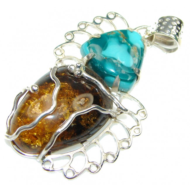 Natural Beauty! Baltic Polish Amber & Turquoise Sterling Silver Pendant