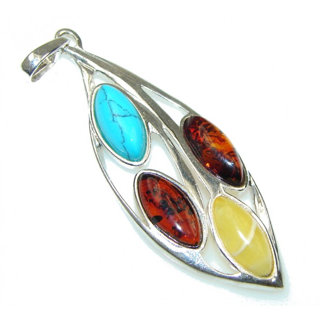 Tropical! Baltic Polish Amber & Turquoise Sterling Silver Pendant