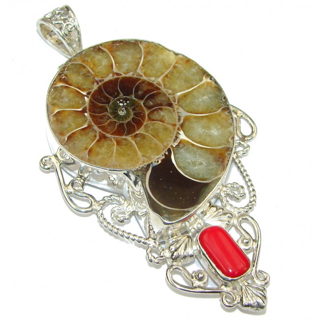 Large! Brown Shell Ammonite Fossil & Coral Sterling Silver Pendant