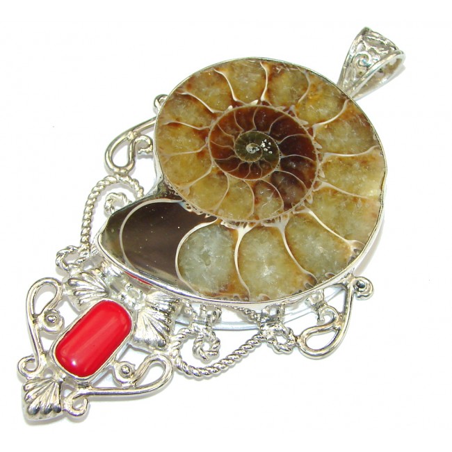 Large! Brown Shell Ammonite Fossil & Coral Sterling Silver Pendant