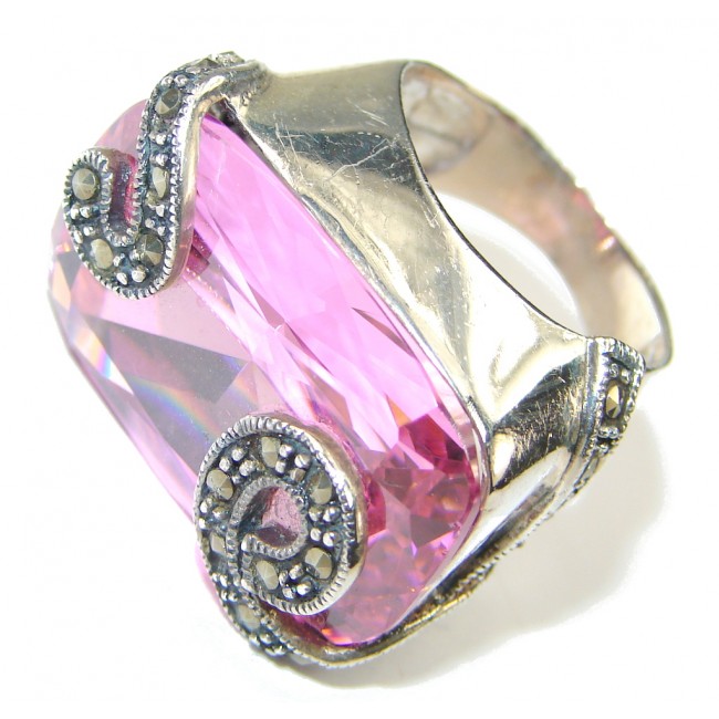 Beautiful! Pink Topaz Quartz & Marcasite Sterling Silver ring s. 6