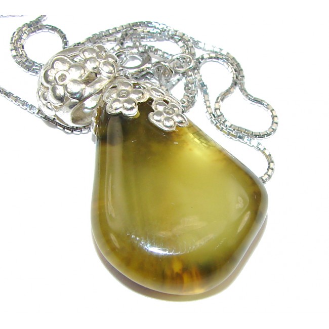 Natural Green Polish Amber Sterling Silver necklace