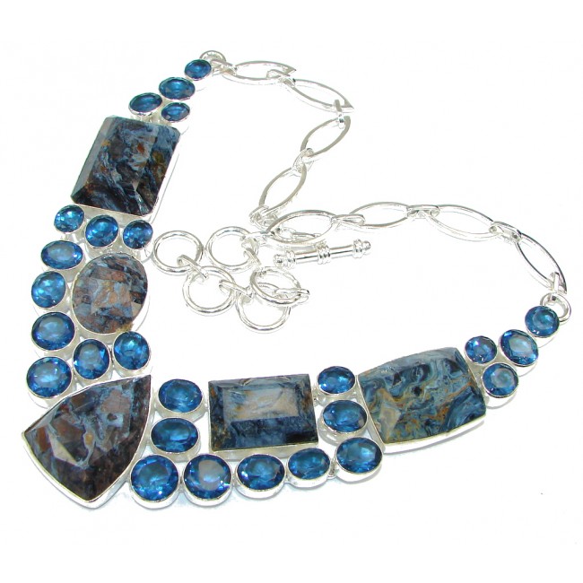 Gorgeous Design! AAA Blue Pietersite & London Blue Topaz Sterling Silver necklace