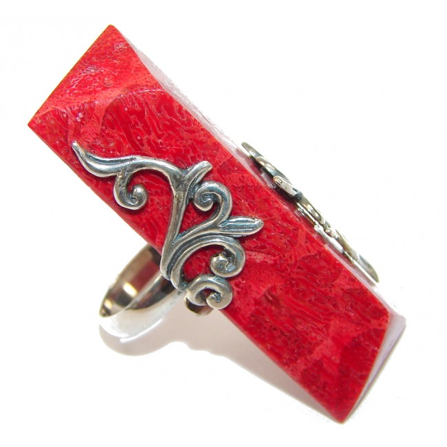 Big! Red Fossilized Coral Sterling Silver ring s. 7 - Adjustable