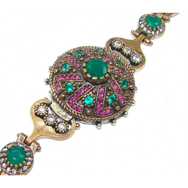 Victorian Style! Green Emerald & Ruby & White Topaz Sterling Silver Bracelet