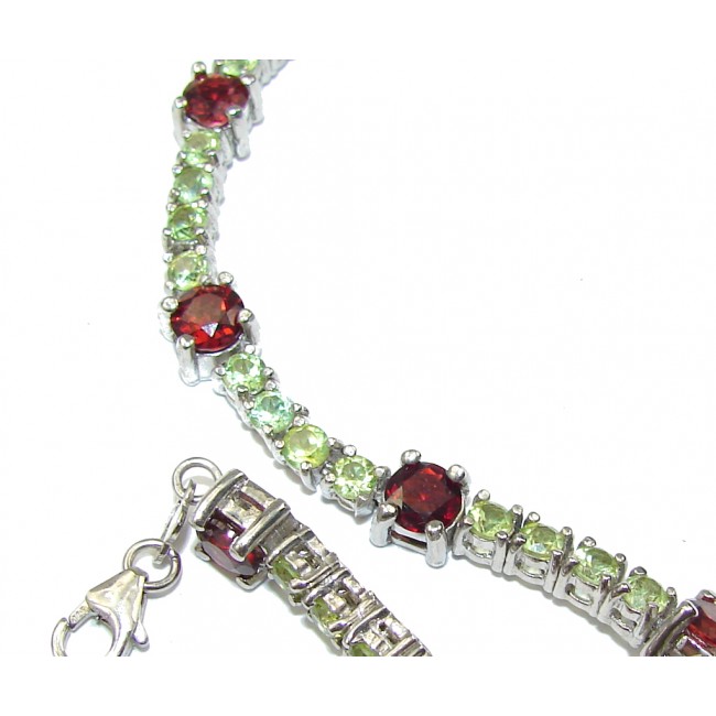 Web Of Love! Natural Red Garnet & Peridot Sterling Silver Bracelet