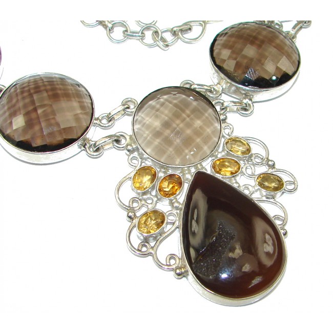 Duality In Brown! Smoky Topaz & Agate Druzy Sterling Silver necklace