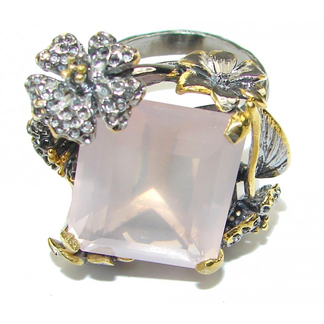 Stunning! Rose Quartz, Gold Plated, Rhodium Plated Sterling Silver ring s. 8 1/4