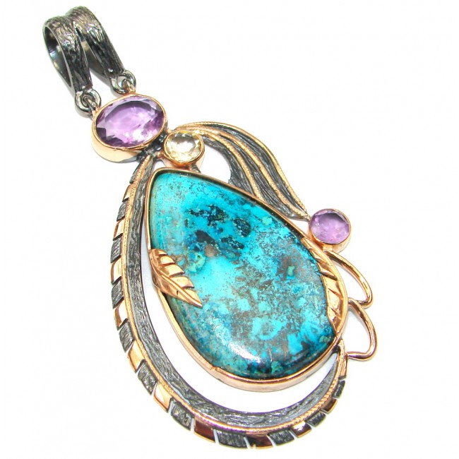 Excellent! 3 inches Blue Chrysocolla Rose Gold Plated over Sterling Silver Pendant